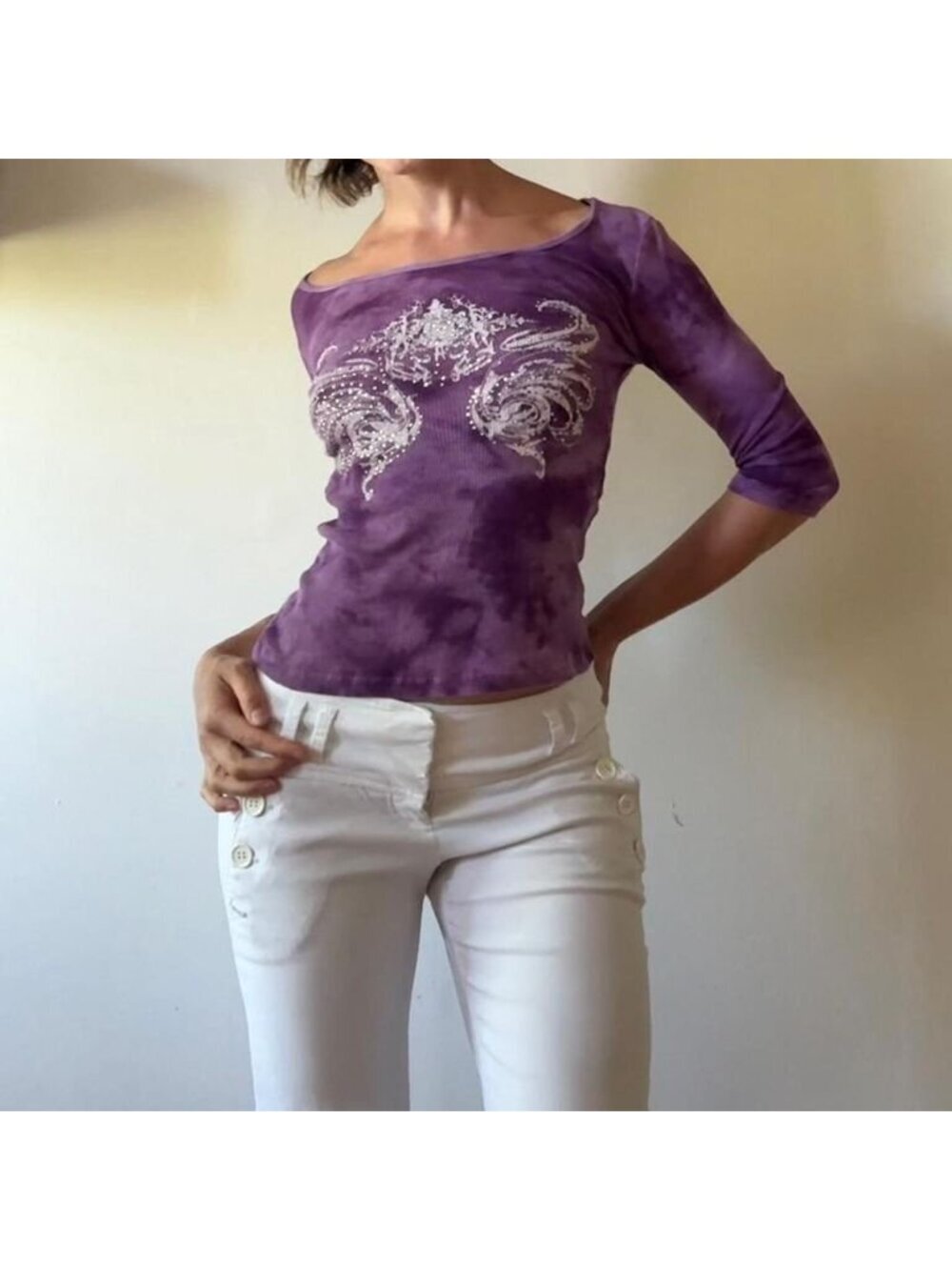 Baroque Print 3/4 Sleeve Top — Unlabeled Y2K